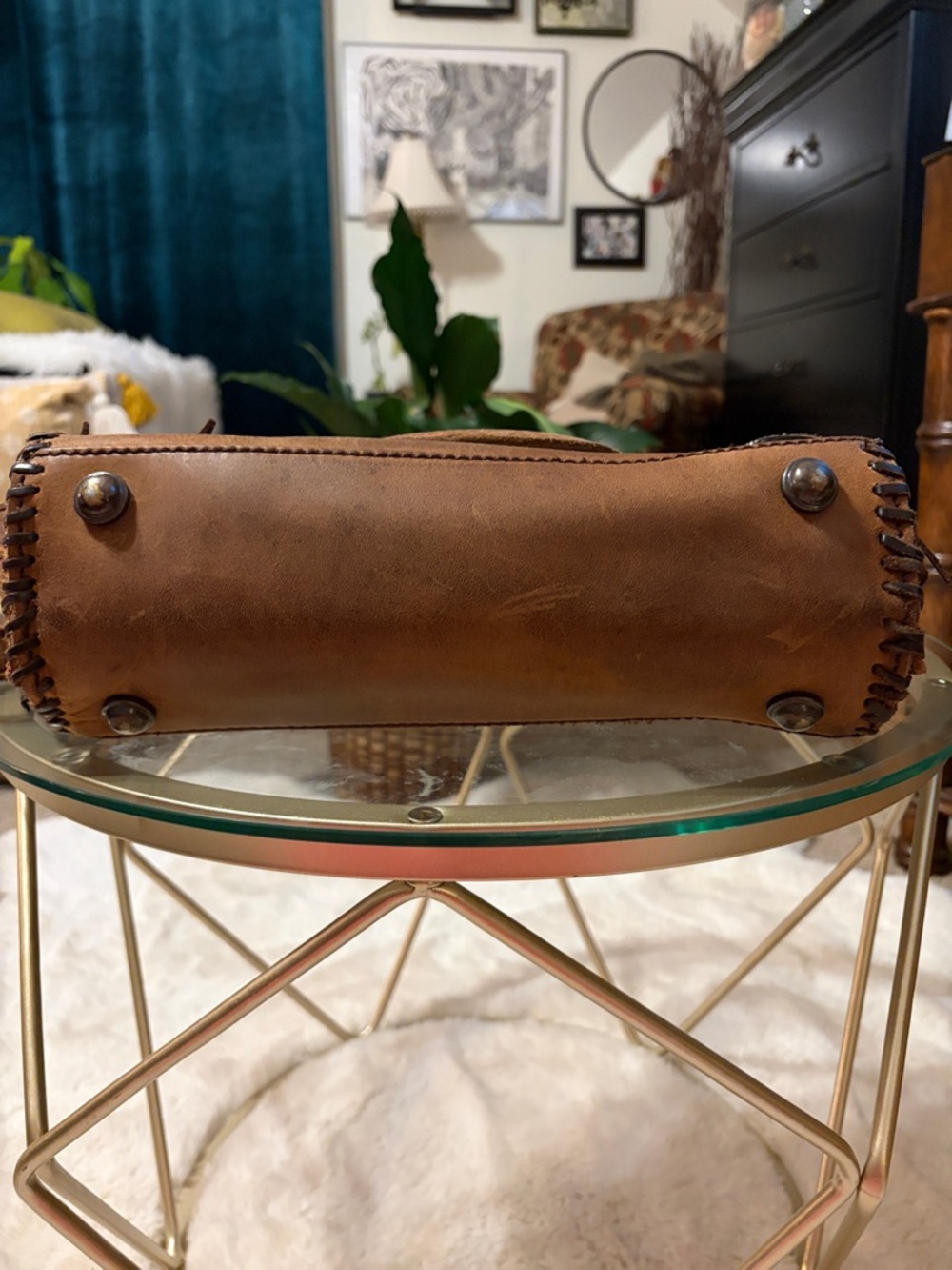 STS Ranchwear Sheridan Flower Leather Top Double Handle Brown Whipstitch Satchel - Picture 9 of 16